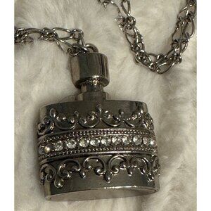 Ornate Silver-Tone Perfume Bottle Necklace With Rhinestones & 24" Chain